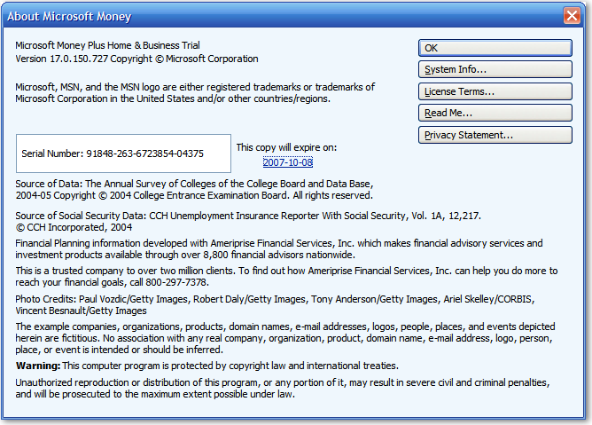 Microsoft Money Plus 关于窗口