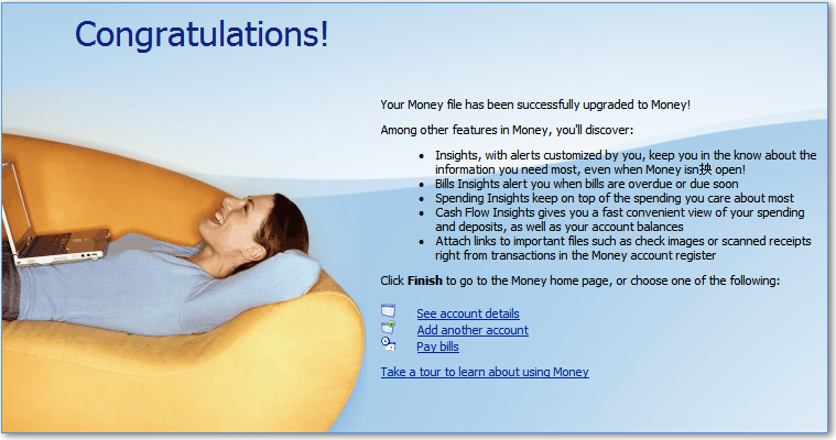 Microsoft Money Plus 早期版本文件升级完成