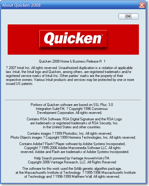 Quicken 2008 About 对话框